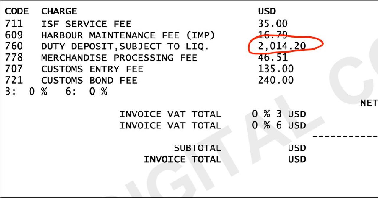 Tariff duty deposit circled in red on an import invoice