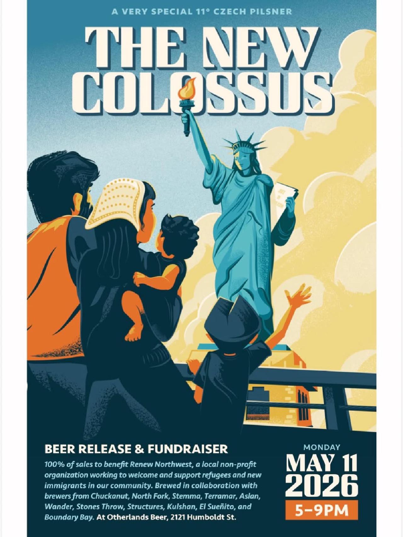 The New Colossus poster — an 11° Czech Pilsner fundraiser with 11 Bellingham breweries